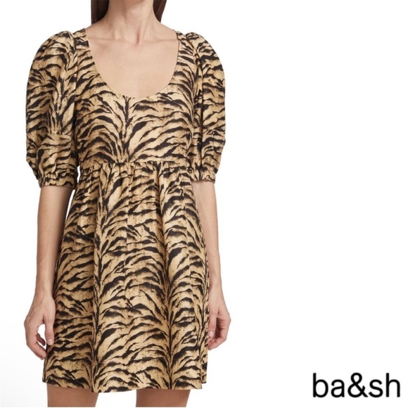 NWT BA&SH Zola Puff-sleeve Linen-blend Tiger Print Mini Dress Size L - Picture 15 of 15